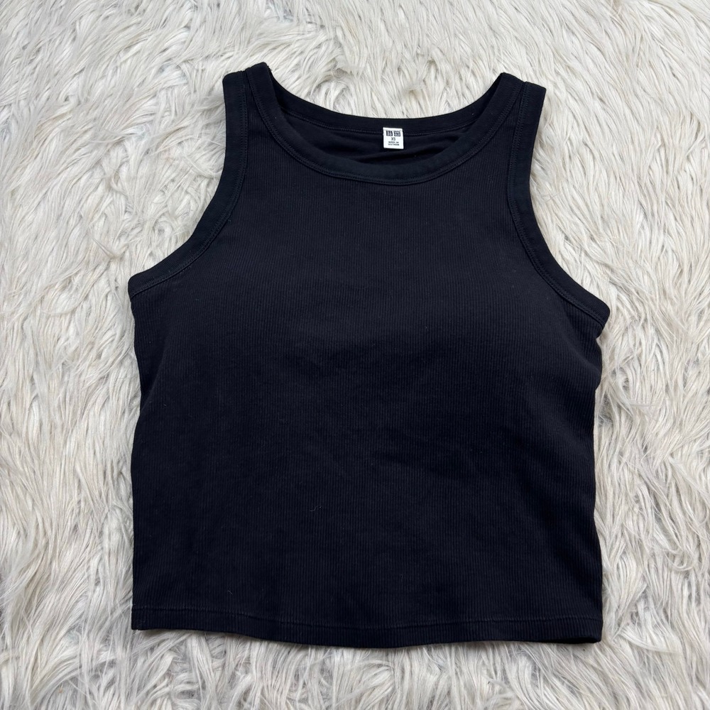 Uniqlo Women's XS Black Ribbed Shelf Bra Tank Top Minimalist Basic Summer Japan